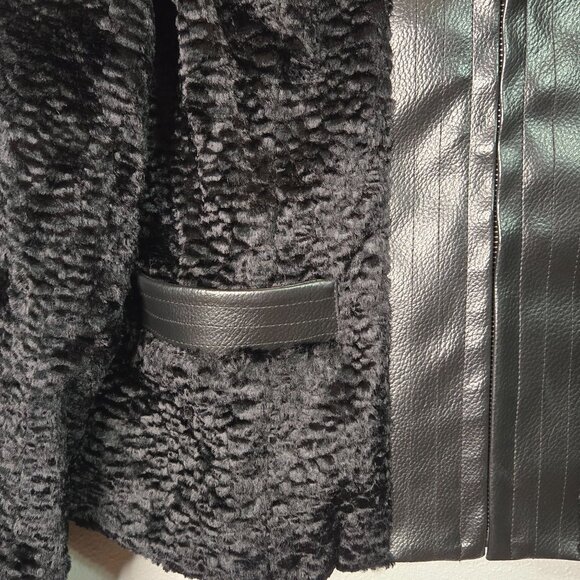 Boston Proper 4 Leather Trim Faux Fur Jacket Black Quiet Luxury Chic Edgy - Picture 5 of 12